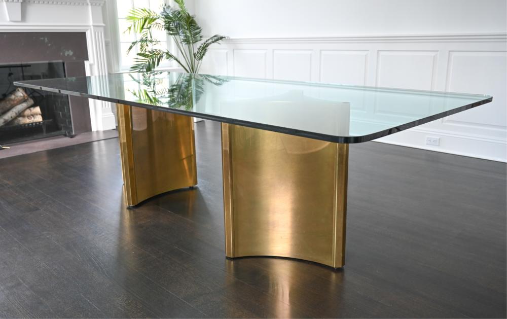 Rectangular Dining Table Patinated Brass Base with Glass Top