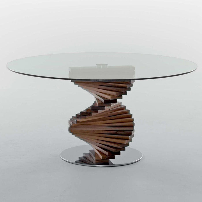 Round Glass Top Dining Table With Spiral Wooden Steps Base