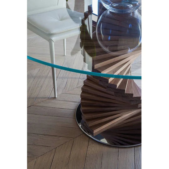 Round Glass Top Dining Table With Spiral Wooden Steps Base