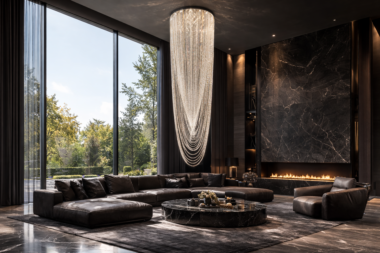 Oversized Luxury Waterfall Crystal Flush Mounted Chandelier for High Ceiling Living Room