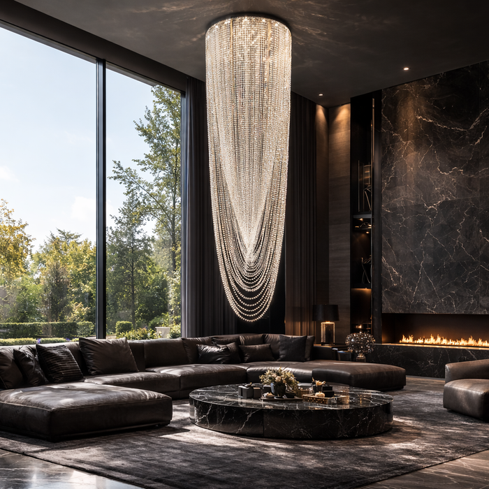 Oversized Luxury Waterfall Crystal Flush Mounted Chandelier for High Ceiling Living Room