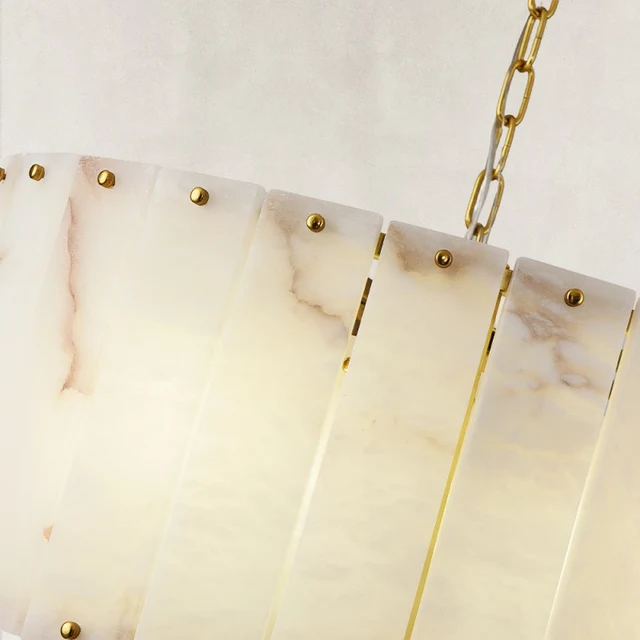 Modern Organic Slatted Drum Alabaster Chandelier