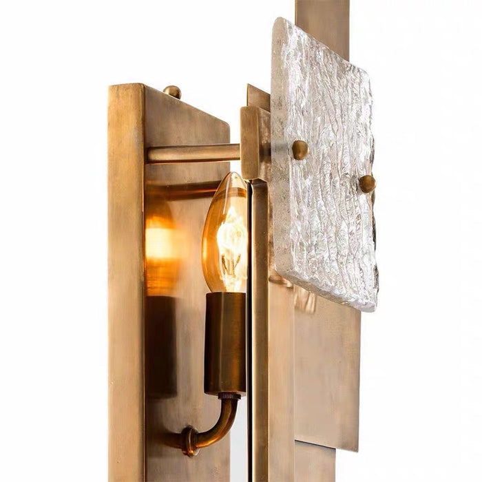 Modern Art Deco Geometric Brass Textured Glass Wall Sconce