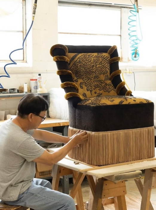 Retro Maximalist Tiger Mountain Motif Fringe Upholstered Accent Chair