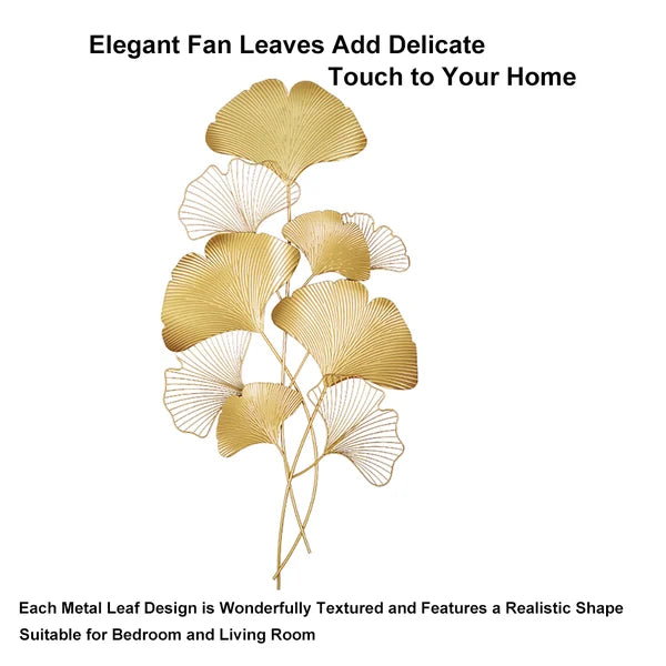 Set Di 2 Decorazioni Murali In Metallo 3D – Foglie Di Ginkgo Blu E Oro – 85x31 Cm Ciascuna