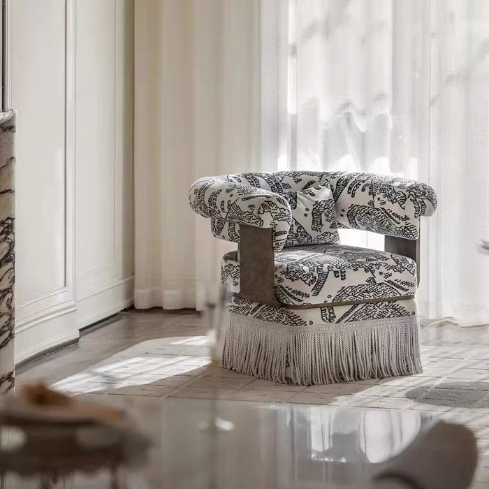 Vintage Designer Tiger‑Mountain Motif Fringe Armchair
