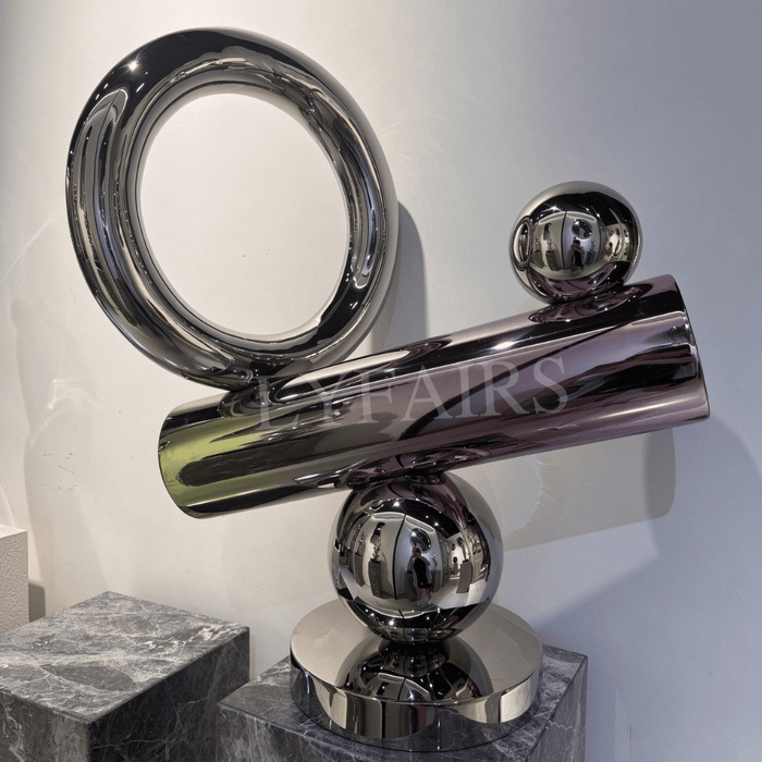 Modern Abstract Balanced Ring & Sphere Mirror Polished Stainless Steel Sculpture