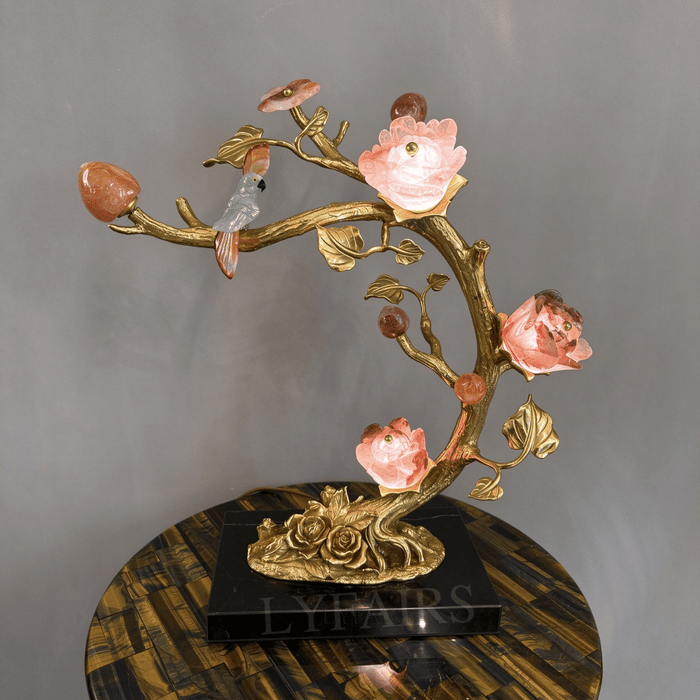 Luxury Sculptural Rose & Bird Natural Crystal Brass Branch Table Lamp