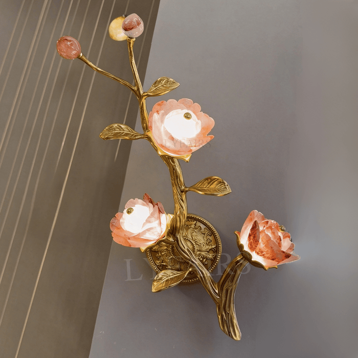 Artisan Natural Crystal Rose Brass Branch Wall Sconce