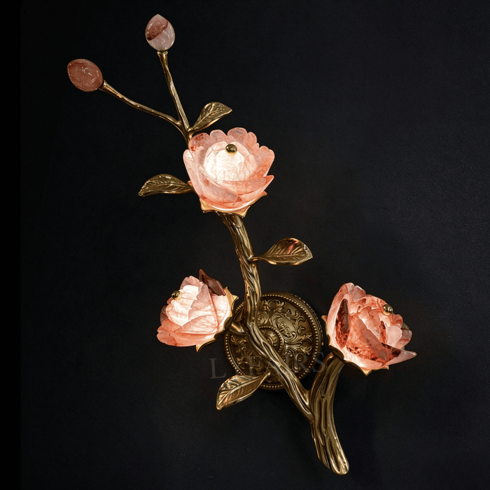Artisan Natural Crystal Rose Brass Branch Wall Sconce