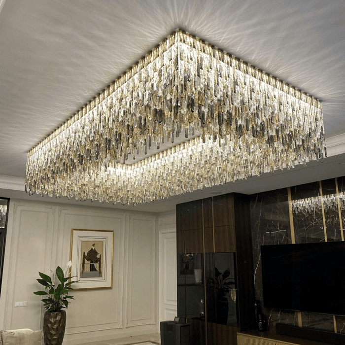Grand Oversized Rectangular Gradient Smoky Amber Crystal Flush Mount Ceiling Light