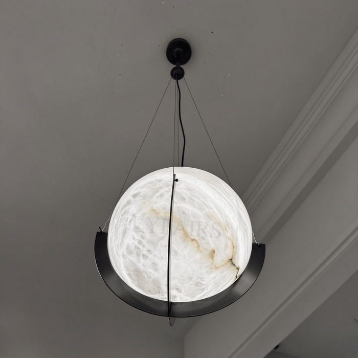 Modern Organic Lunar Globe Alabaster Pendant Light with Curved Black Yoke Frame