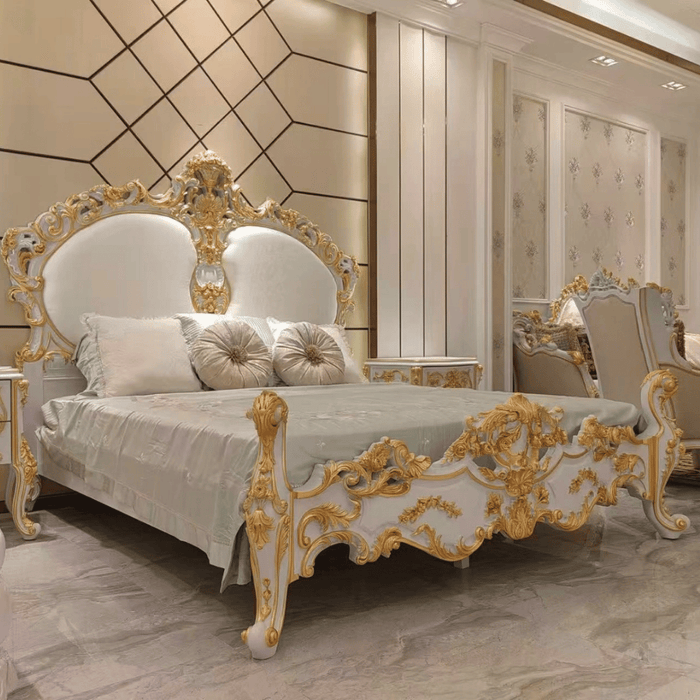 Grand French Baroque Gilded Floral‑Carved Upholstered Master Bed