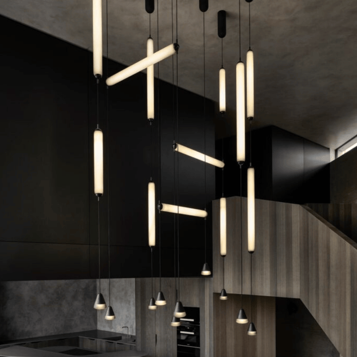 Modern Sculptural Staggered Multi‑Orientation Tubular Atrium Pendant Light
