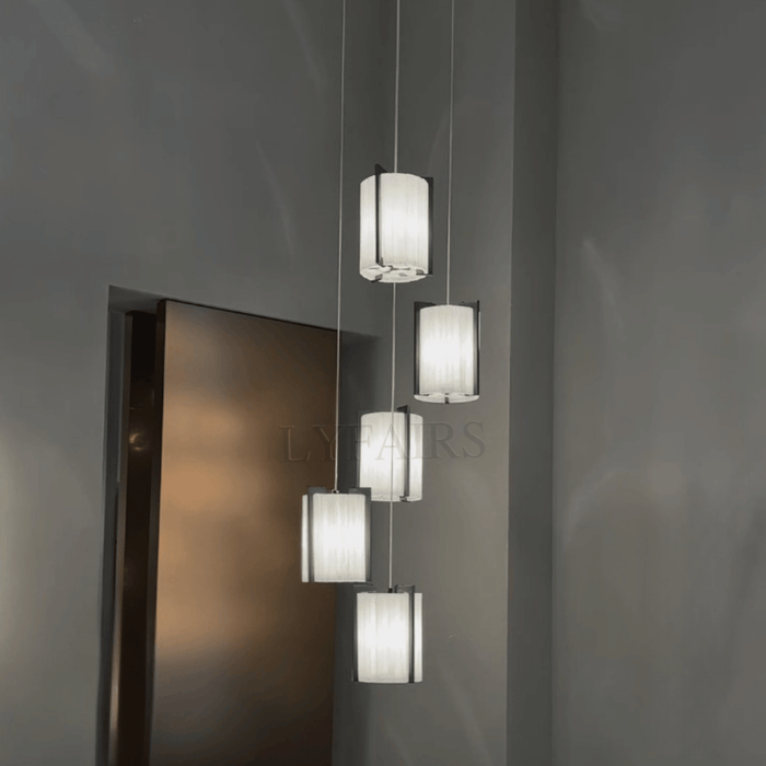 Modern Cascading 5-Light Large Cylinder Plaster Diffused Pendant Light