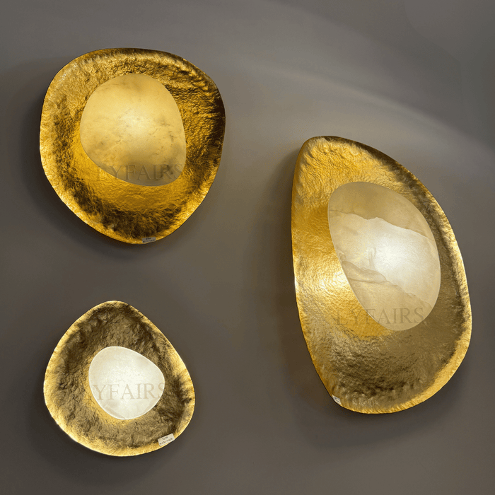 Organic Pebble Hand Hammered Brass Natural Alabaster Wall Sconce