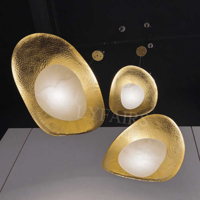Organic Pebble Hand Hammered Brass Natural Alabaster Pendant Light