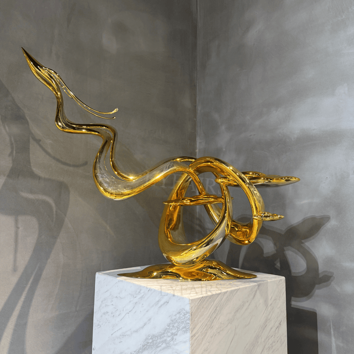 Luxury Abstract Soar Swirling Golden Fiberglass Sculpture