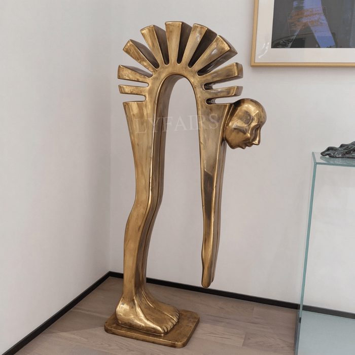 Abstract Asymmetrical Split Bending Figure Floor Sculpture with Sunburst Arch