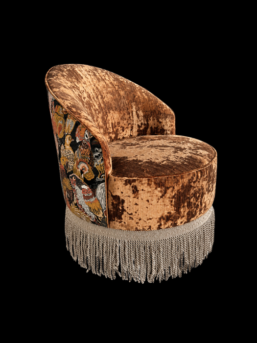 Vintage Aviary Motif Cut‑Velvet Swivel Barrel Tassel Fringe Accent Chair