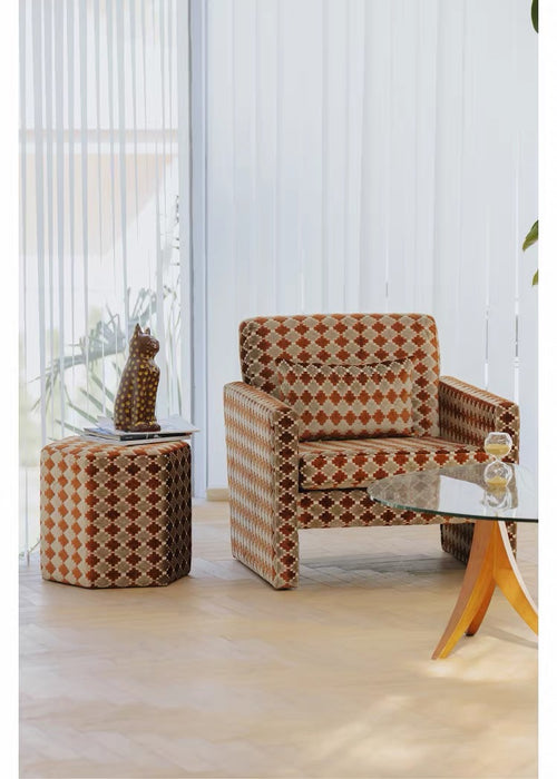 Retro Geometric Clover Amber Hush Cut‑Velvet Accent Armchair