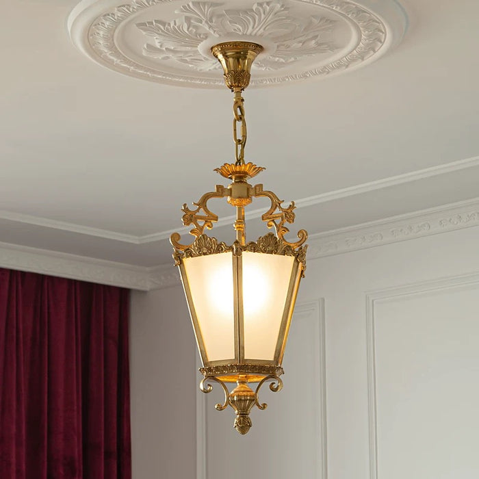 Vintage French Rococo Style Brass Glass Lantern Pendant Chandelier