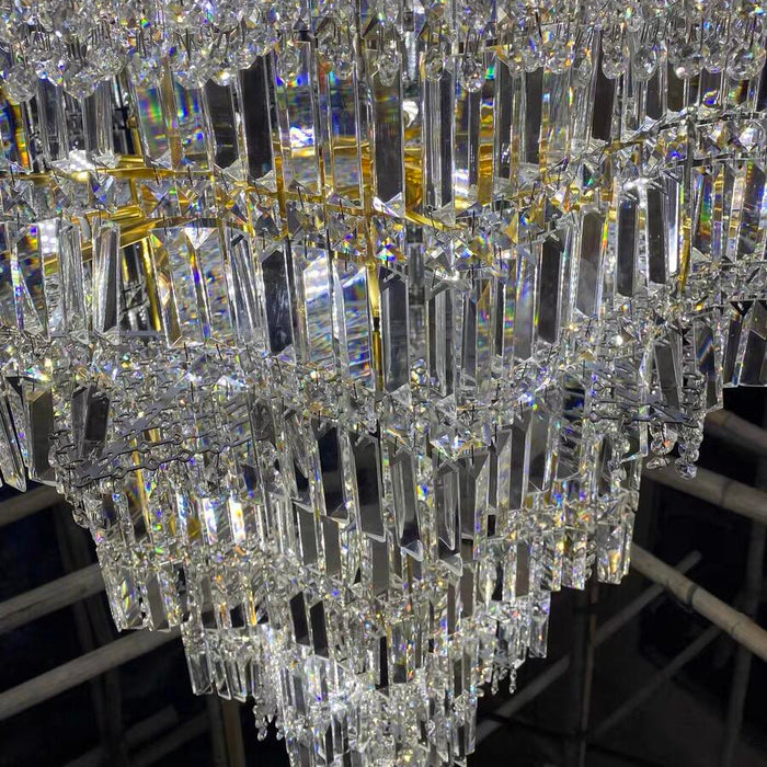 Lampadario di cristallo a più livelli extra large Plaza Hall Foyer Soggiorno Scala Apparecchio di illuminazione a soffitto con finitura cromata / argento