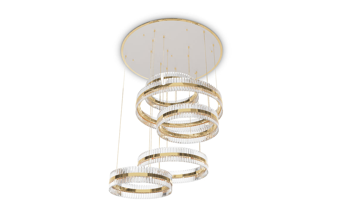 Lámpara de araña de cristal de 5 anillos con acabado dorado