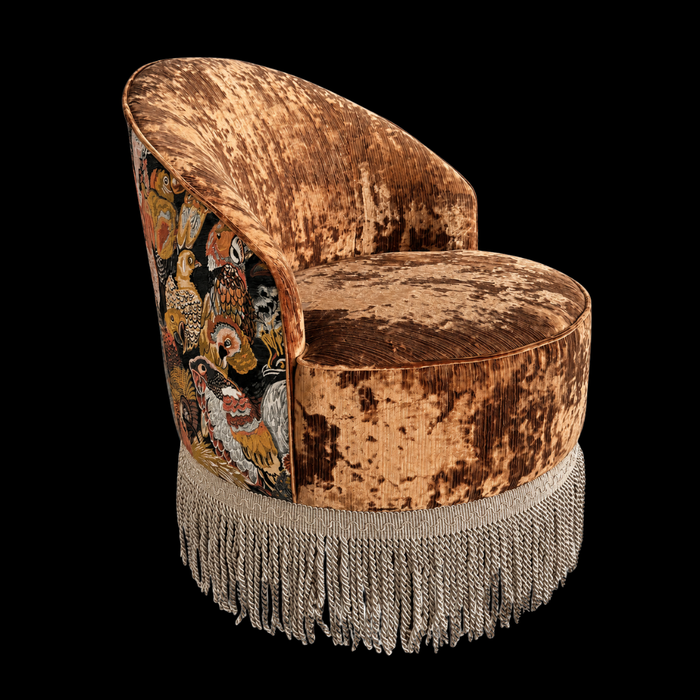 Vintage Aviary Motif Cut‑Velvet Swivel Barrel Tassel Fringe Accent Chair