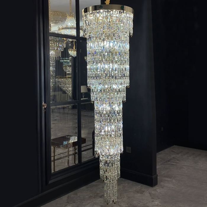 Lampadario di cristallo multistrato rotondo moderno di lusso con quadrifoglio per scala/spazio con soffitto alto/foyer