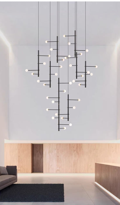 Modern Sculptural Linear Branch Opal Glass Sphere Staircase Chandelier