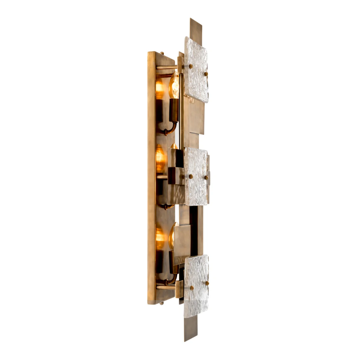 Modern Art Deco Geometric Brass Textured Glass Wall Sconce