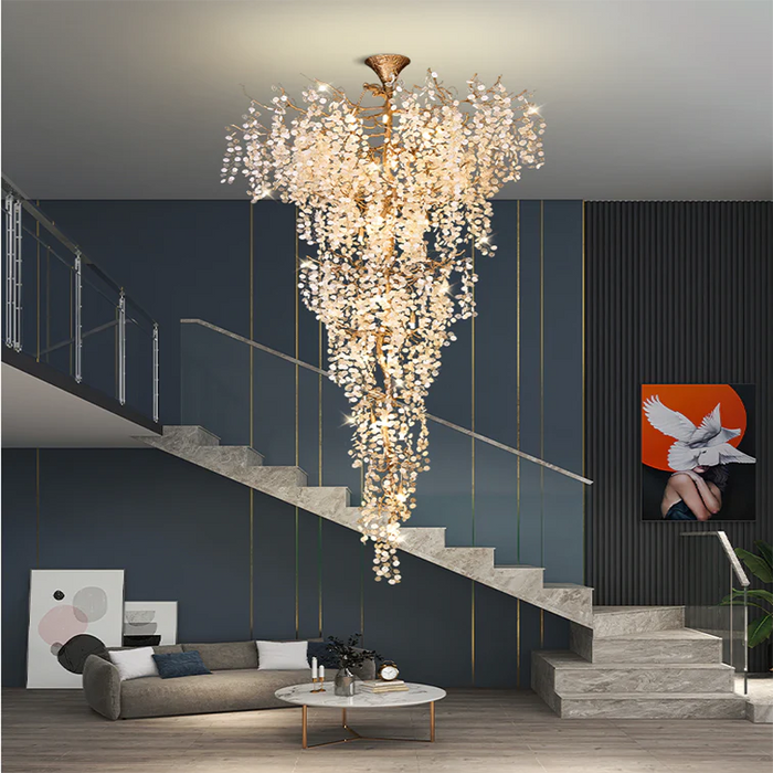 Lámpara de araña de montaje semiempotrado con rama de latón y flores artísticas únicas y modernas para sala de estar/pasillo/entrada/escalera