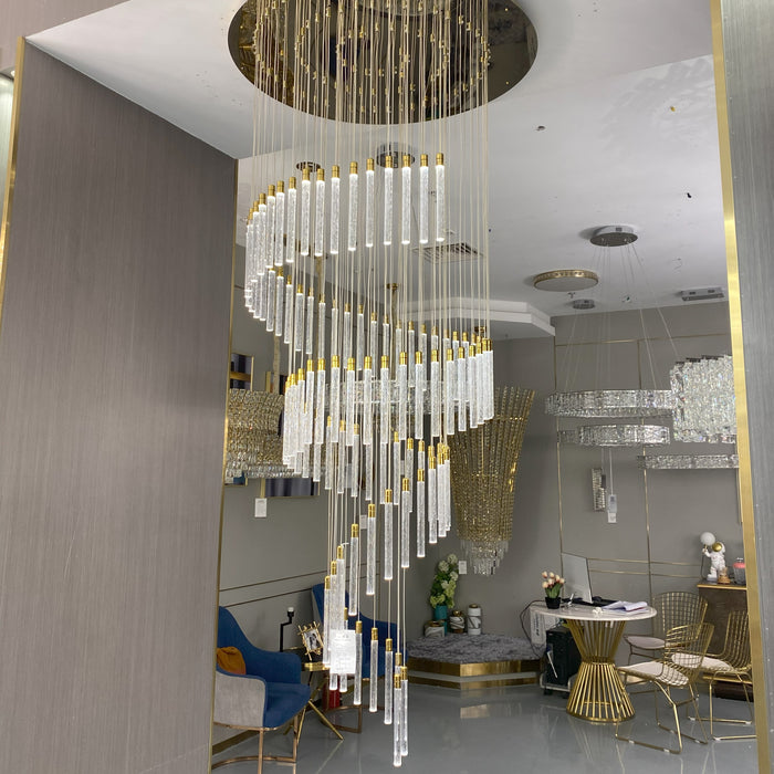 Modern Spiral Bubble Crystal Glass Rods Chandelier in Champagne Gold Finish for Staircase/Foyer/Villa