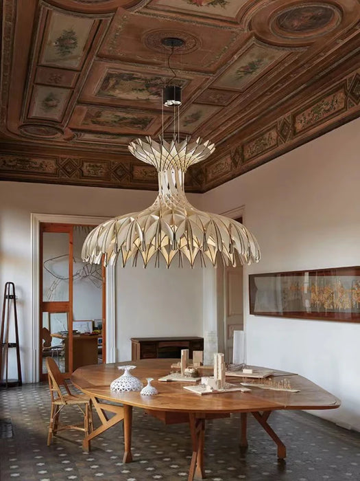 Lámpara colgante de cúpula de madera hecha a mano, tono Oriental artístico, para sala de estar/comedor