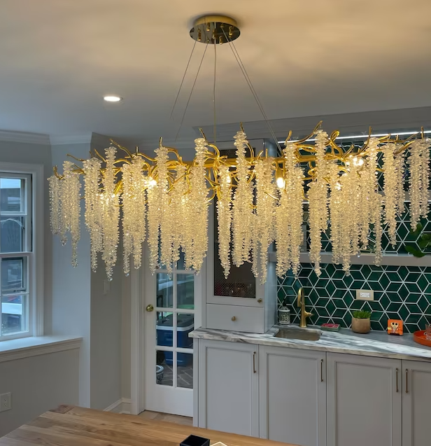 Lámpara de araña de hojas de cristal para mesa de comedor, luz de techo estilo rama para hogar moderno