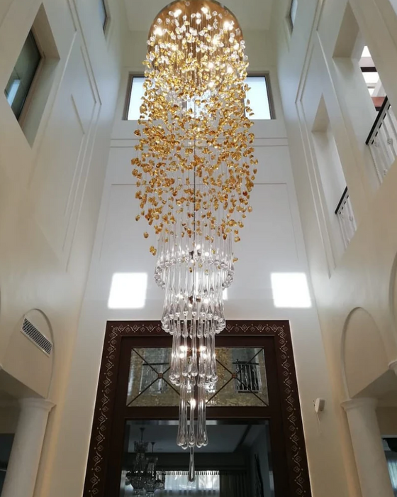 Modern Waterfall Glass Gem Stone&Teardrop Chandelier With Round Canopy for Villa/Hotel/Entryway/Living Room
