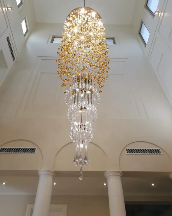 Lámpara de araña moderna con gema de cristal en cascada y lágrima con dosel redondo para Villa/Hotel/entrada/sala de estar
