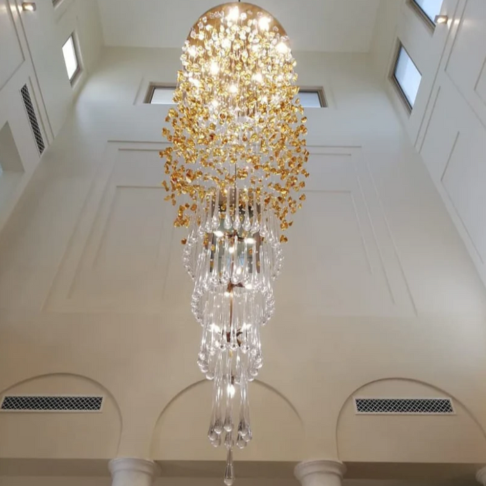 Modern Waterfall Glass Gem Stone&Teardrop Chandelier With Round Canopy for Villa/Hotel/Entryway/Living Room