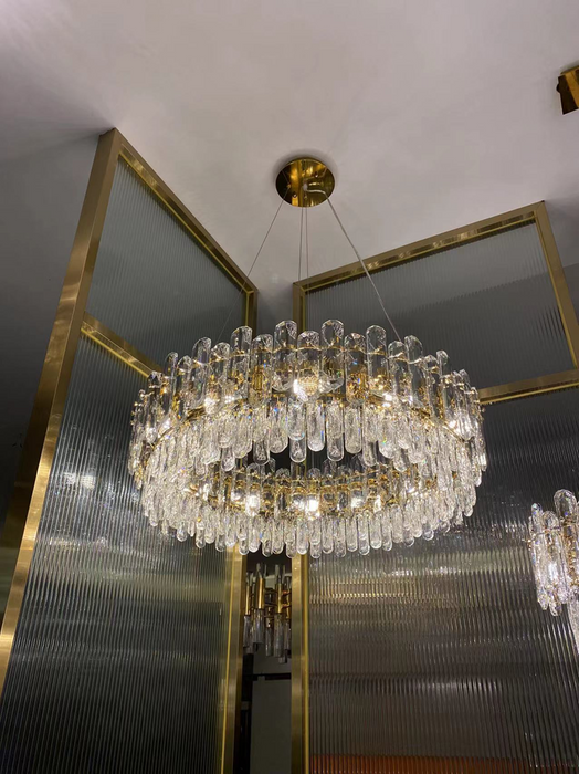Lampadario di lusso leggero rotondo/rettangolare in cristallo trasparente con finitura oro champagne/cromo per soggiorno/sala da pranzo/camera da letto 