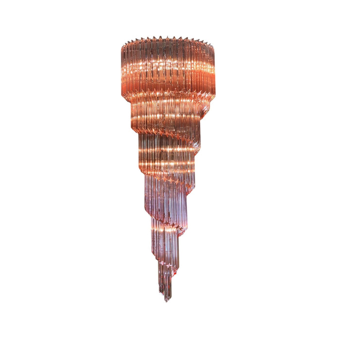 Lámpara de araña Mid-Century moderna en forma de espiral en cascada de vidrio rosa/transparente