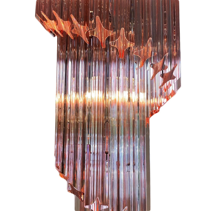 Lámpara de araña Mid-Century moderna en forma de espiral en cascada de vidrio rosa/transparente