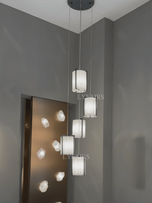 Modern Cascading 5-Light Large Cylinder Plaster Diffused Pendant Light