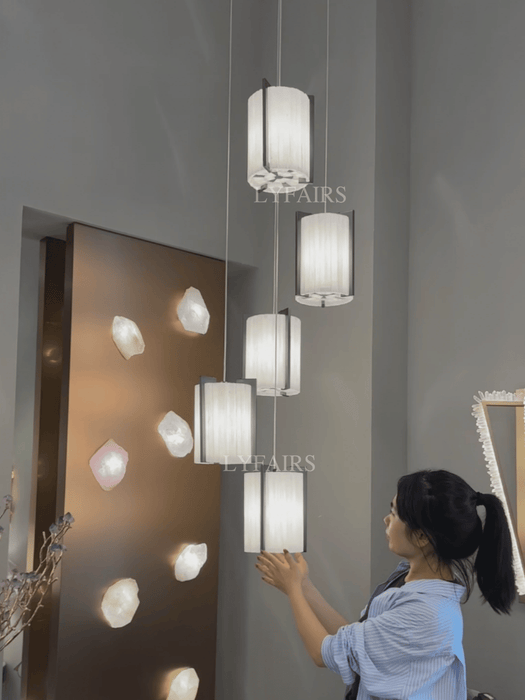 Modern Cascading 5-Light Large Cylinder Plaster Diffused Pendant Light