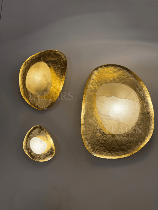 Organic Pebble Hand Hammered Brass Natural Alabaster Wall Sconce