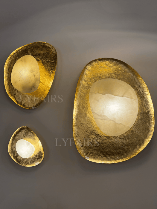 Organic Pebble Hand Hammered Brass Natural Alabaster Wall Sconce