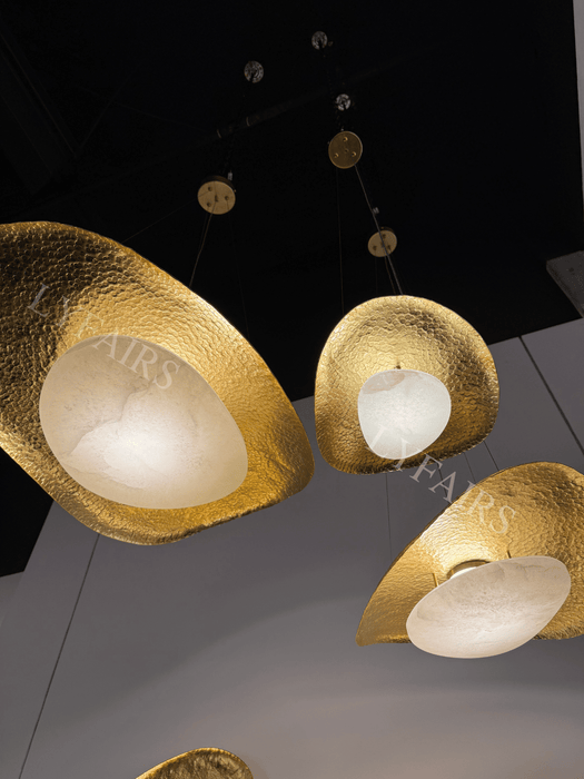 Organic Pebble Hand Hammered Brass Natural Alabaster Pendant Light