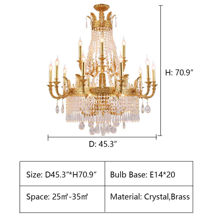 3 layers: D45.3*H70.9" Large Oversized Luxury Golden Metal Brass  Candle Crystal Tassel Chandelier  For High-ceiling Staircase/Entryway/Hallway/Living/Meeting Room