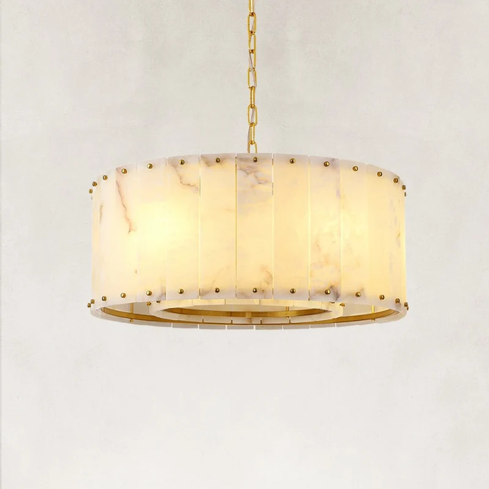 Modern Organic Slatted Drum Alabaster Chandelier