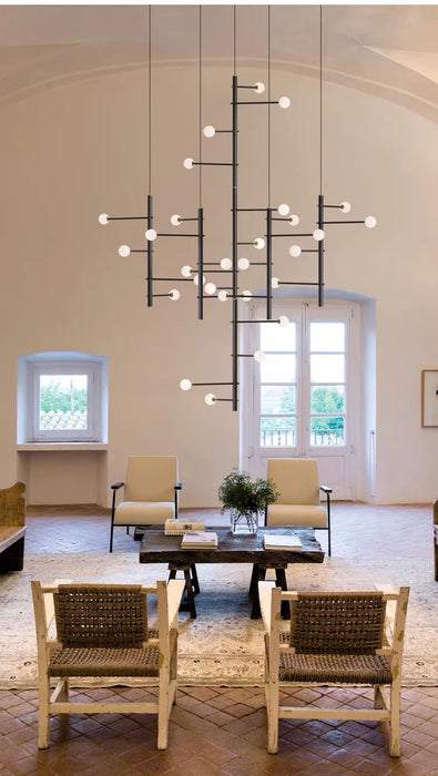 Modern Sculptural Linear Branch Opal Glass Sphere Staircase Chandelier